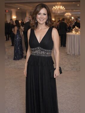 JS COLLECTION - Black Sequin/jewel Embellished V-neck Gown. Pleated peplum. 12